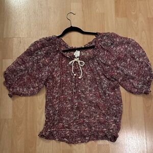 Ella Moss Red Floral Silk Rope Tie Blouse M